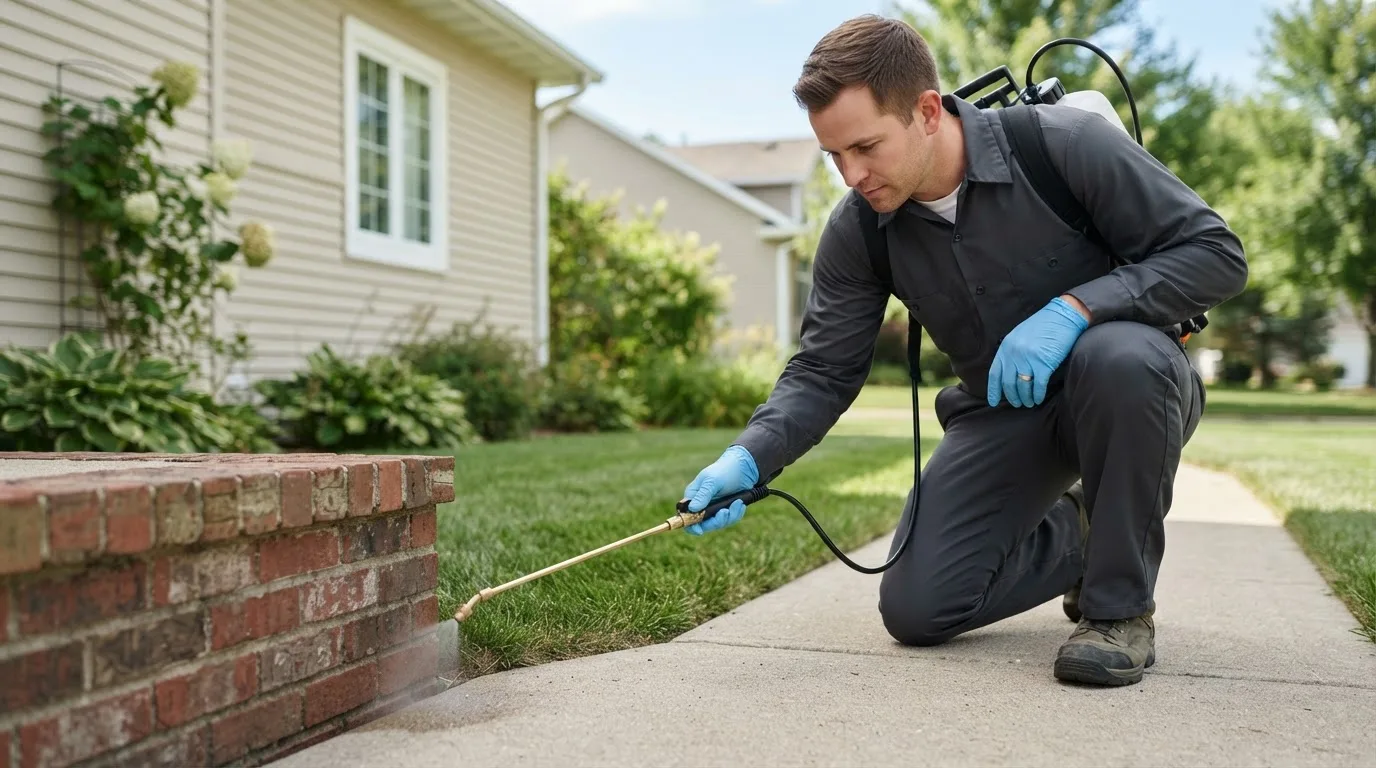 Pest control technician treating a home near Rainbow City, AL